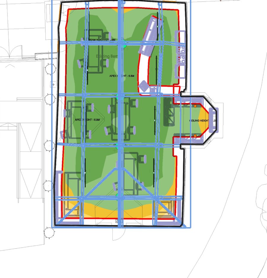 False-colour illuminance plot of the café floor, mostly in the 300 to 750 lux bands