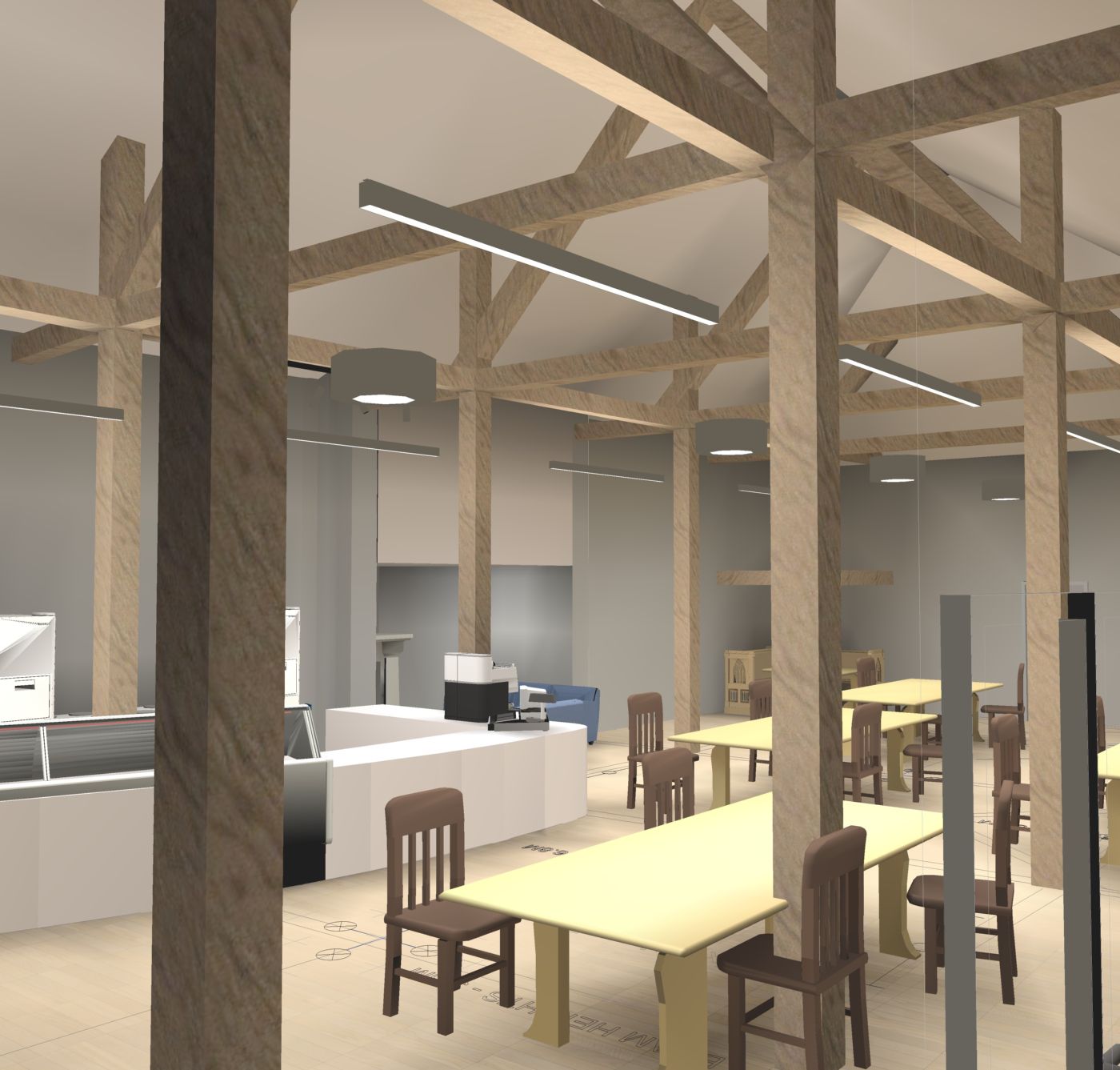 Relux render of a timber-framed barn café, with suspended linear luminaires between the trusses over dining tables and the servery
