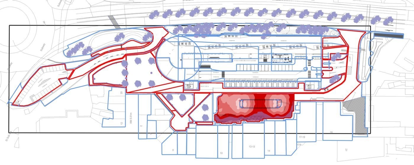 Site plan of the interchange with calculation areas outlined and the service yard illuminance shown in false colour