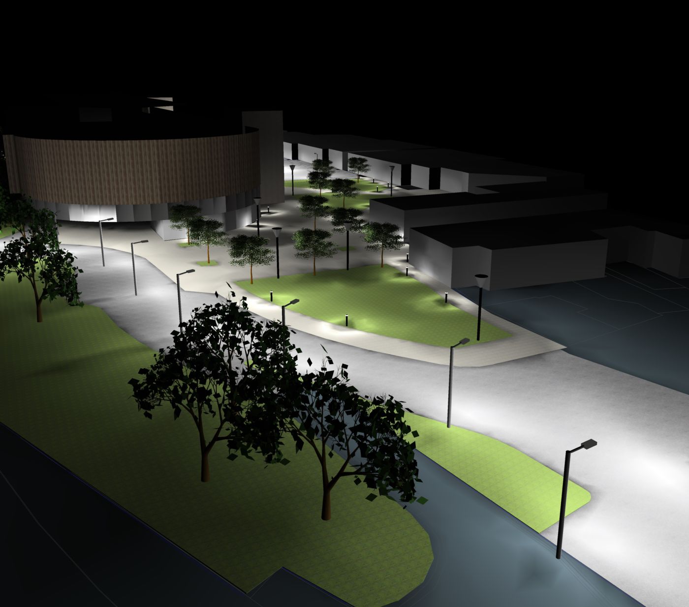 Relux night render of a public transport interchange: column-lit roadways and pathways with bollards around landscaped areas