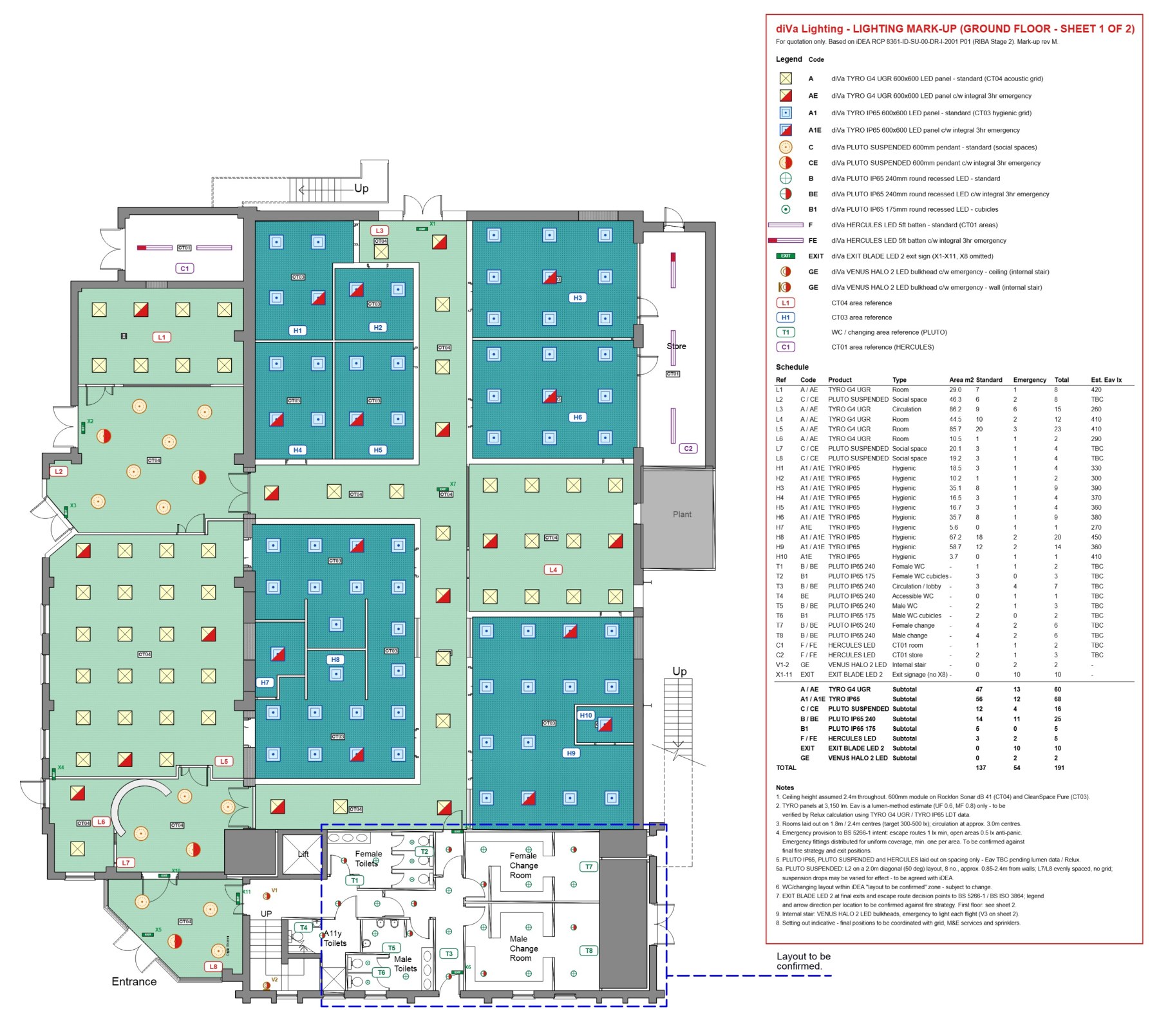 Example diVa lighting markup: ground-floor reflected ceiling plan with luminaire symbols, legend, area schedule and building totals